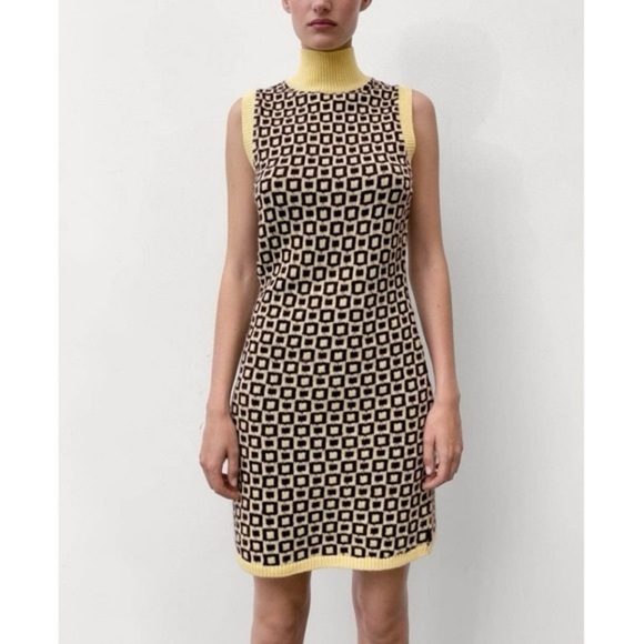 Zara geometric jacquard wool blend knit mock neck dress yellow size small preppy - Picture 1 of 6